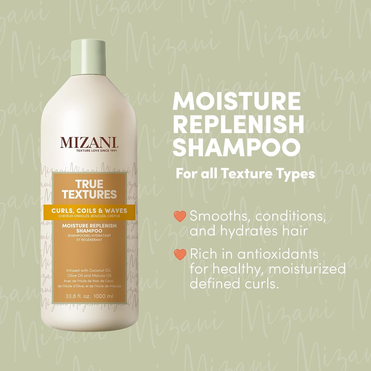 Mizani True Textures Moisture Replenish Shampoo | with Coconut Oil | Sulfate & Paraben-Free | for Curly Hair | 33.8 Fl Oz